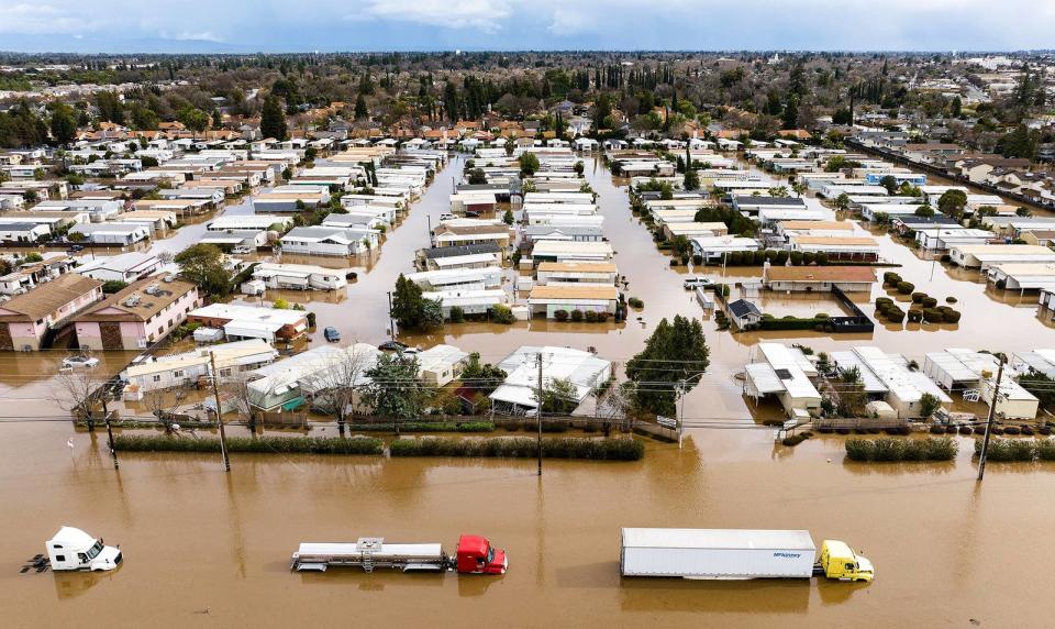 A flooded neighborhood on Jan. 10, 2023, in Merced, California