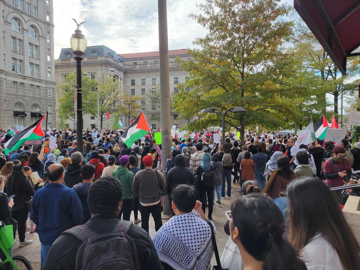 Rally attendees listen to a speech in downtown Washington, DC (John Bowden / The Independent)