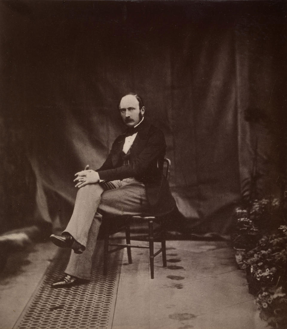 This image issued on Friday Aug. 23, 2019 by The Royal Collection shows an 1889 copy of the portrait of Prince Albert taken by Roger Fenton in May 1854. Queen Victoria commissioned a set of private family photographs to be taken at Buckingham Palace in May 1854, including a portrait of Albert. British royal documents, including images of Victoria’s leather-bound notebook, have been uploaded as part of thousands of documents and photos on the website www.albert.rct.uk that went online Friday to mark next week’s 200th anniversary of Albert’s birth. (The Royal Collection Trust via AP)