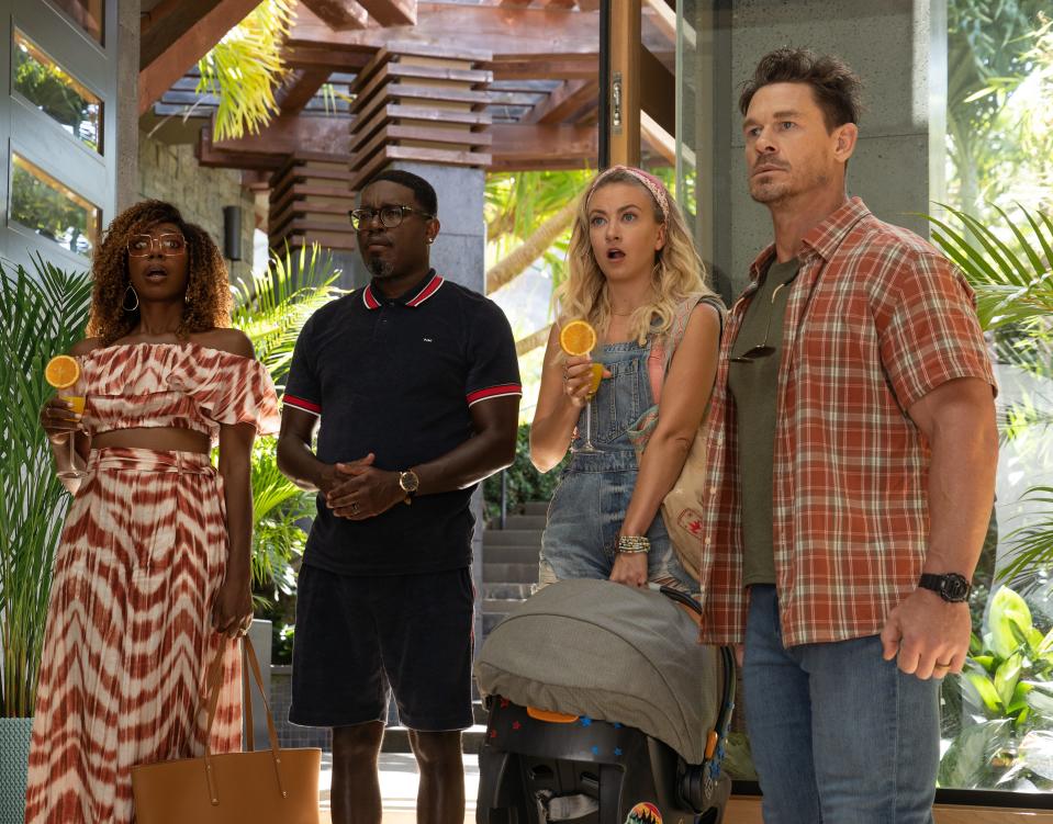 The comedy sequel "Vacation Friends 2" features a pair of newly married couples (from left, Yvonne Orji and Lil Rel Howery, and Meredith Hagner and John Cena) who reunite for a wild and chaotic trip to a Caribbean resort.