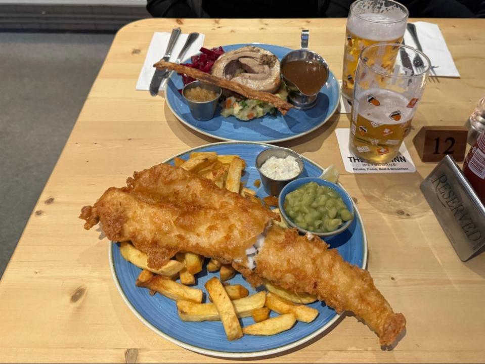 Eastern Daily Press: Fish and chips and the rolled pork belly dish from The Ship Inn