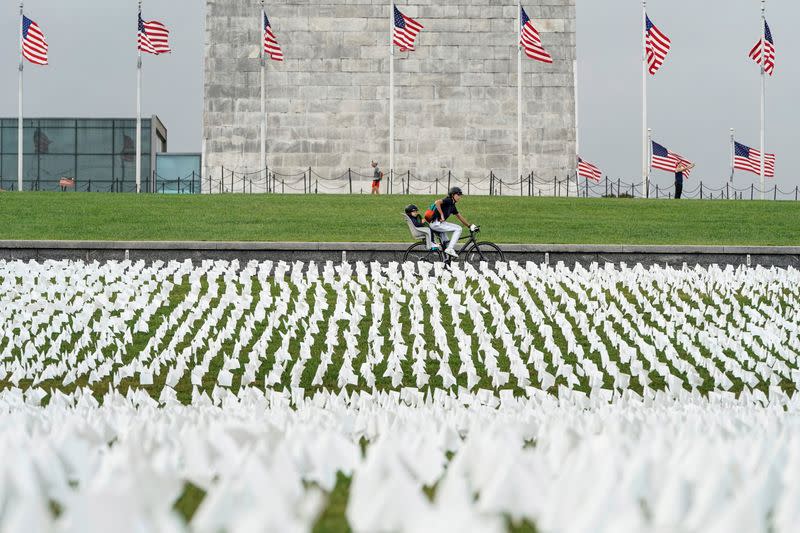FILE PHOTO: White flags representing Americans who have died of COVID-19 are placed on the National Mall in Washington