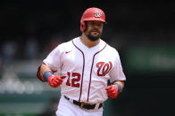 Washington Nationals' Kyle Schwarber rounds the bases after his home run during the first inning of a baseball game against the San Francisco Giants, Sunday, June 13, 2021, in Washington. (AP Photo/Nick Wass)