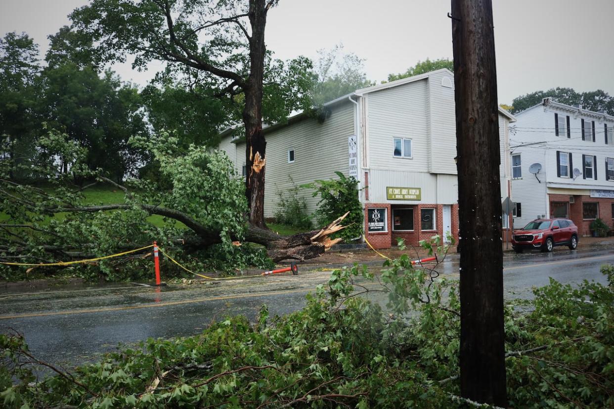 Post-tropical storm Lee caused damage and outages in a number of New Brunswick communities including St. Stephen.  It's cited as one of several storms that have driven up weather-related expenses for N.B. Power this year. (Julia Wright/CBC - image credit)