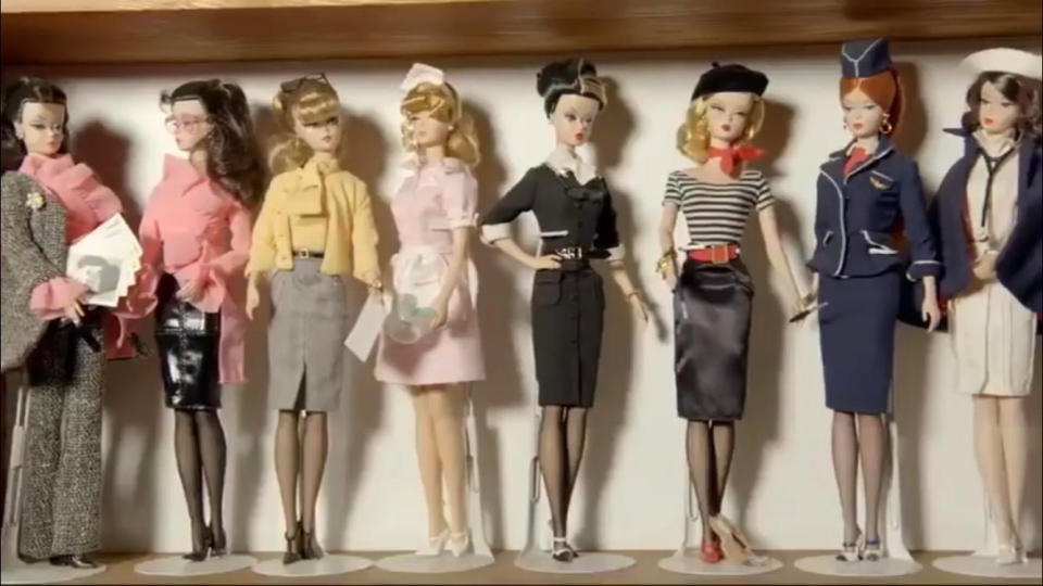 Still from The Toys That Made Us showing multiple Barbie models on a shelf