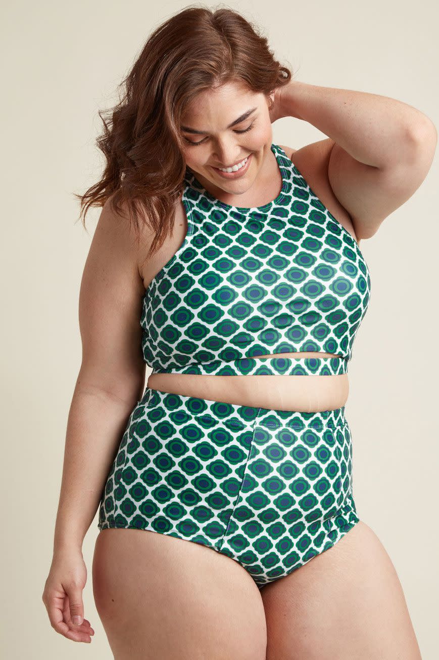 <p><strong>SHOP NOW: </strong>$55, <a href="https://www.modcloth.com/shop/swimwear/parasail-away-with-me-bikini-top-in-green-fleurs/150000.html" rel="nofollow noopener" target="_blank" data-ylk="slk:modcloth.com;elm:context_link;itc:0;sec:content-canvas" class="link ">modcloth.com</a></p><p><a href="https://www.redbookmag.com/fashion/g20690749/unique-swimsuits-for-women/" rel="nofollow noopener" target="_blank" data-ylk="slk:Sporty styles;elm:context_link;itc:0;sec:content-canvas" class="link ">Sporty styles</a> (like the high neckline on this bikini top) are having a serious moment. Plus, bold patterns and body confidence are <em>always</em> on trend.</p>