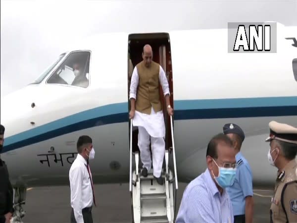 Defence Minister Rajnath Singh at airport in Vadodara, Gujarat. (Photo/ANI)