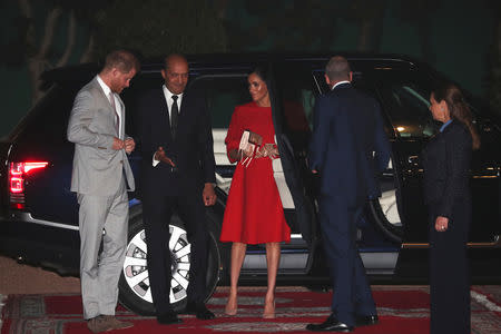 Britain's Prince Harry and Meghan, Duchess of Sussex, arrive to meet Crown Prince Moulay Hassan at a Royal Residence in Rabat, Morocco, February 23, 2019. REUTERS/Hannah McKay/Pool
