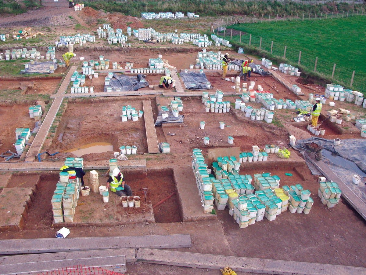 An aerial view of the Stone Age site at Stainton West near Carlisle with the river Eden in the background. The excavations revealed the Prehistoric channel of the river which attracted human activity for millennia. (Image property of Oxford Archaeology)