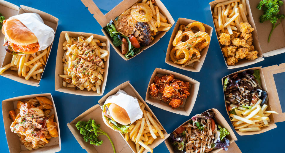 Takeout food in bio degradable boxes ready to be served. Source: Getty Images