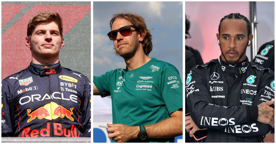 Formula 1 drivers (from left) Max Verstappen, Sebastian Vettel and Lewis Hamilton. (PHOTOS: Reuters).