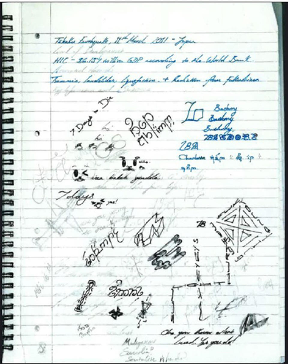 Doodles and notes in a notebook belonging to Hannam (PA)