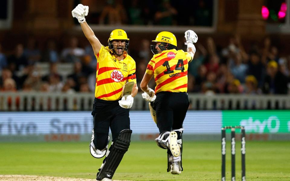 Lewis Gregory and Luke Wood celebrate after winning the hundred final - Action Images via Reuters/John Sibley