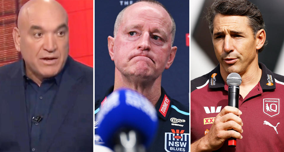 From left to right, Gorden Tallis, NSW State of Origin coach Michael Maguire and QLD coach, Billy Slater.