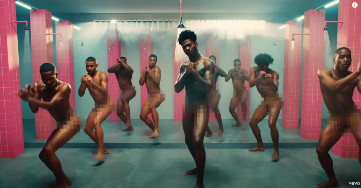 <span>‘It was crazy and it was freezing’ … Lil Nas X’s tastefully pixelated Industry Baby video.</span><span>Photograph: Vevo</span>