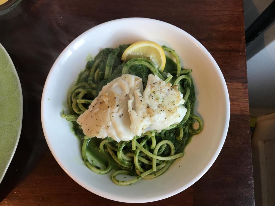 Victoria Stewart's pan-fried halibut with green spaghetti