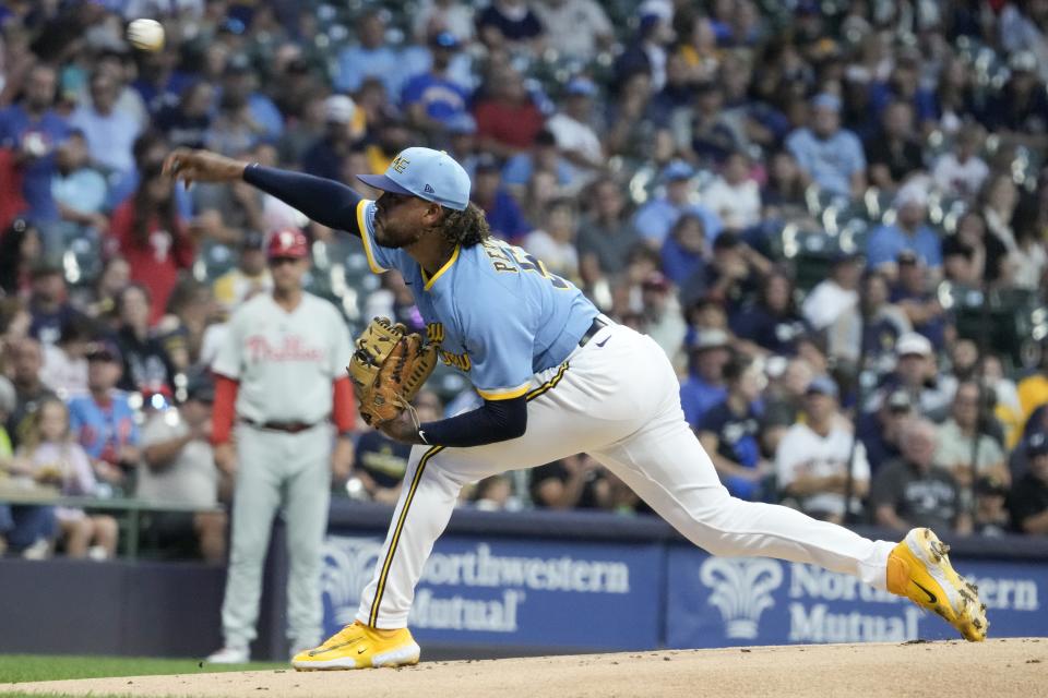 Milwaukee Brewers starting pitcher Freddy Peralta throws during the first inning of a baseball game against the Philadelphia Phillies Friday, Sept. 1, 2023, in Milwaukee. (AP Photo/Morry Gash)