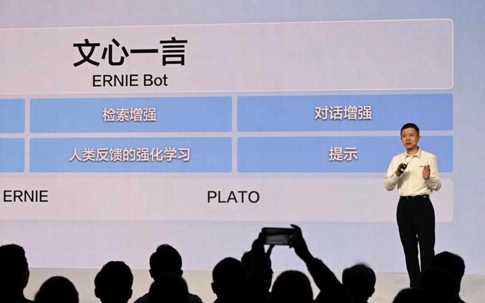 Baidu co-founder and CEO Robin Li speaks at the unveiling of Baidus AI chatbot Ernie Bot at an event in Beijing - MICHAEL ZHANG/AFP via Getty Images