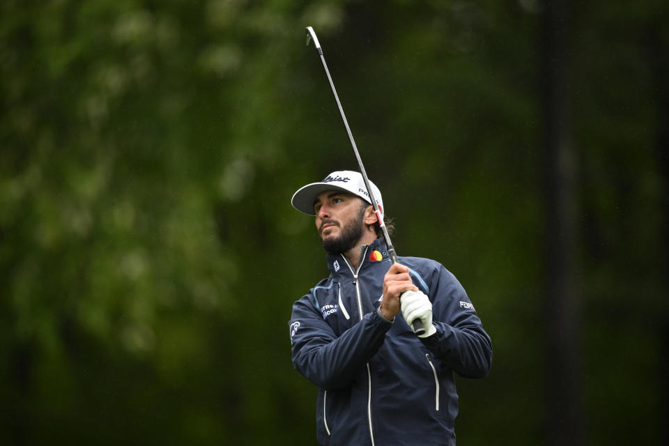 Max Homa hits off the ninth tee during the third round of the Wells Fargo Championship golf tournament, Saturday, May 7, 2022, at TPC Potomac at Avenel Farm golf club in Potomac, Md. (AP Photo/Nick Wass)