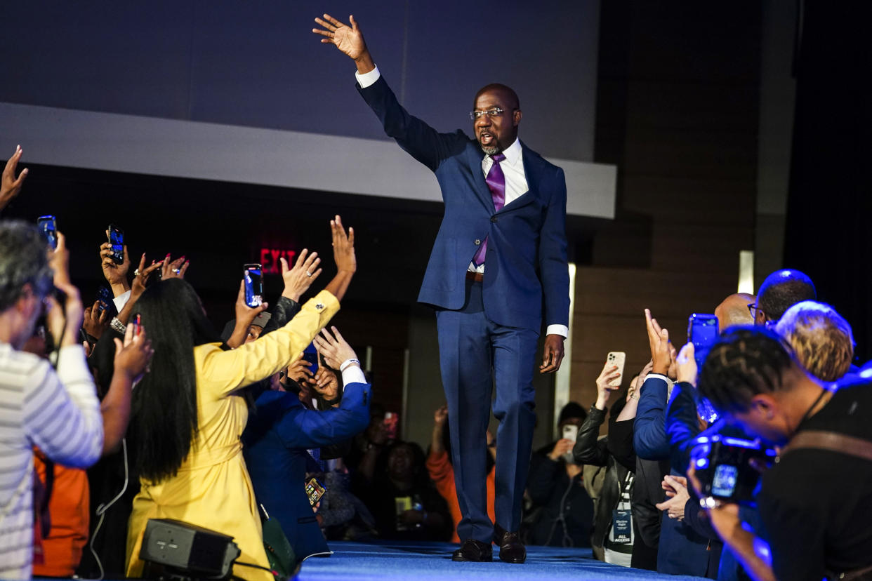 Sen. Raphael Warnock, D-Ga., at his election night watch party on Dec. 6, 2022, in Atlanta. (John Bazemore / AP)