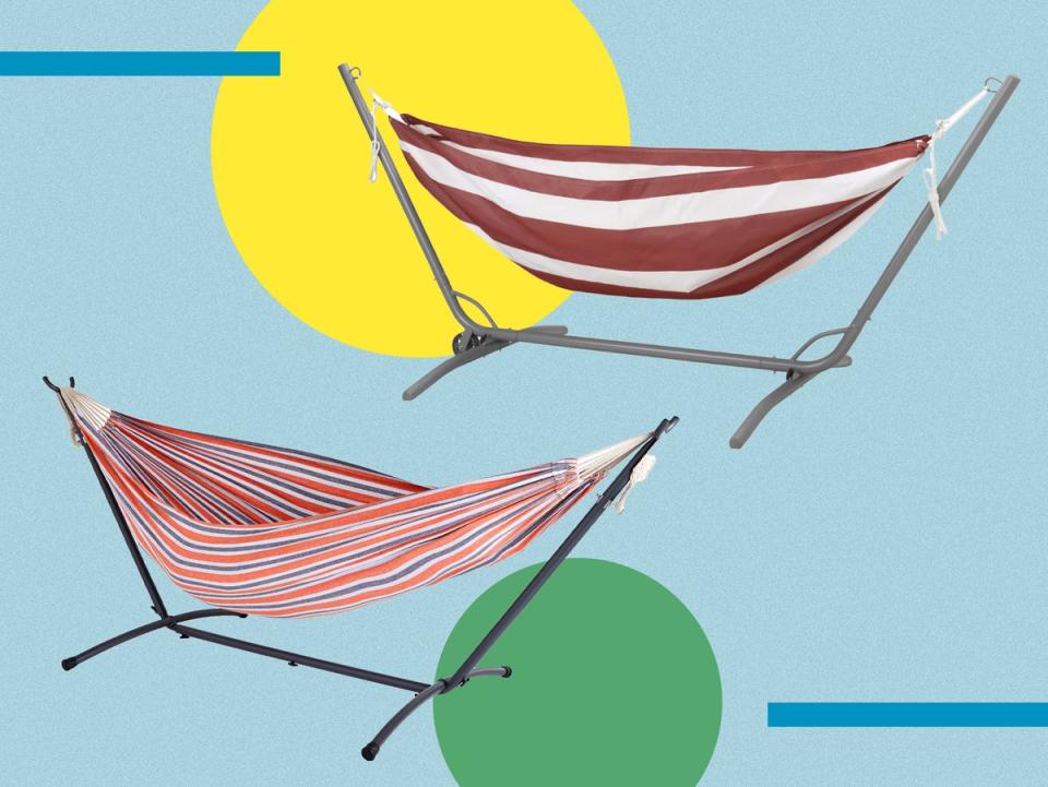 Whether hanging between trees or on its own stand, a hammock is the ideal garden addition (The Independent)