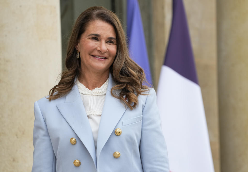 FILE - In this Thursday, July 1, 2021, file photo, Melinda Gates, co-chair of the Bill and Melinda Gates Foundation, poses for photographers as she arrives for a meeting after a meeting on the sideline of the gender equality conference at the Elysee Palace in Paris. Philanthropists Melinda French Gates, MacKenzie Scott and the family foundation of billionaire Lynn Schusterman awarded $40 million Thursday, July 29, 2021, to four gender equality projects. (AP Photo/Michel Euler, File)