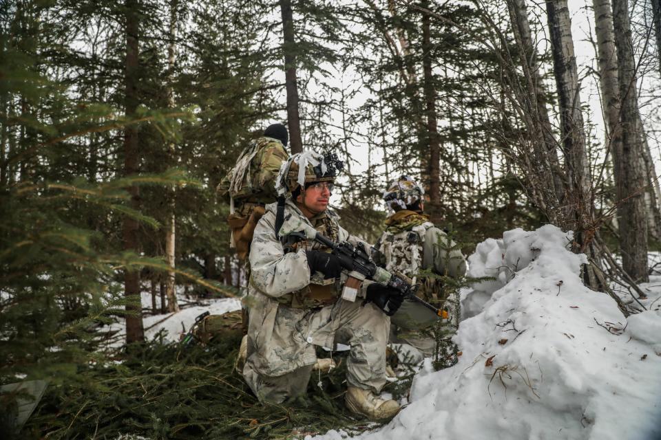 U.S. Army Sgt. Juan Ramirez, assigned to 5th Squadron, 1st Calvary Regiment, pulls security during Joint Pacific Multinational Readiness Center 24-02 at Donnelly Training Area, Alaska, Feb. 18, 2024.