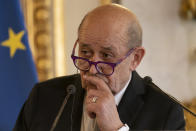 French Foreign Affairs Minister Jean-Yves Le Drian attends a news conference with US Secretary of State Antony Blinken at the French Ministry of Foreign Affairs in Paris, Friday, June 25, 2021. Blinken is on a week long trip in Europe traveling to Germany, France and Italy. (AP Photo/Andrew Harnik, Pool)