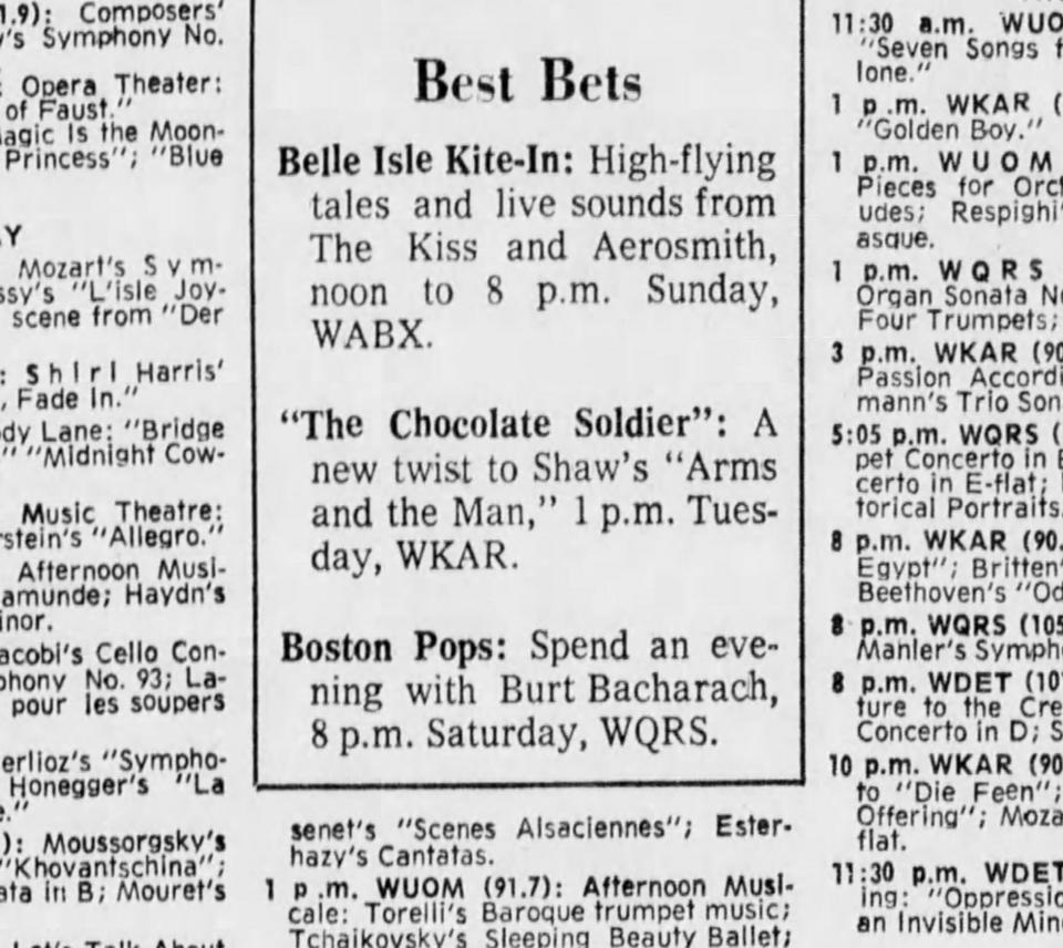 This Detroit Free Press listing on April 7, 1974, looks ahead to a Belle Isle event featuring "live sounds from The Kiss and Aerosmith."