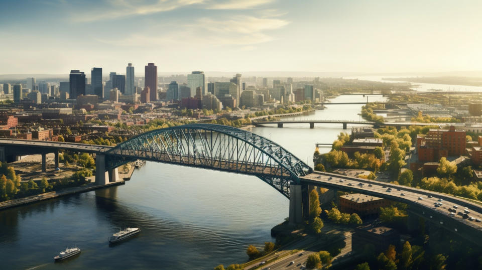 An aerial view of a cityscape showing a newly constructed bridge connecting two districts.