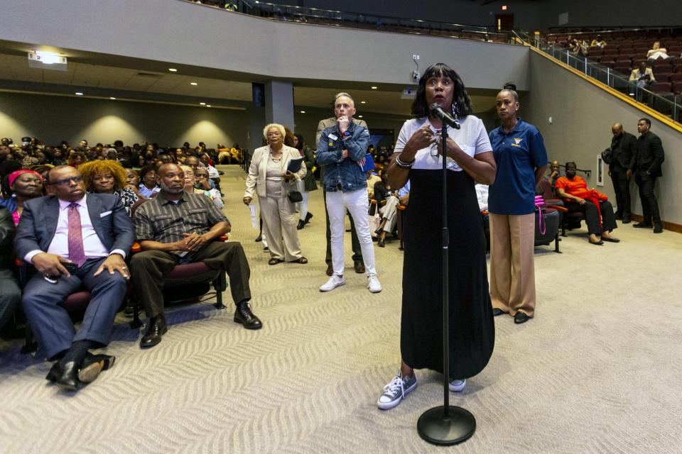 Miami-Dade County resident Cheryll Collins Small speaks during an education town hall regarding the state's newly adopted curriculum standards on African-American history at Antioch Missionary Baptist Church, Thursday, Aug. 10, 2023 in Miami Gardens, Fla. (D.A. Varela/Miami Herald via AP)