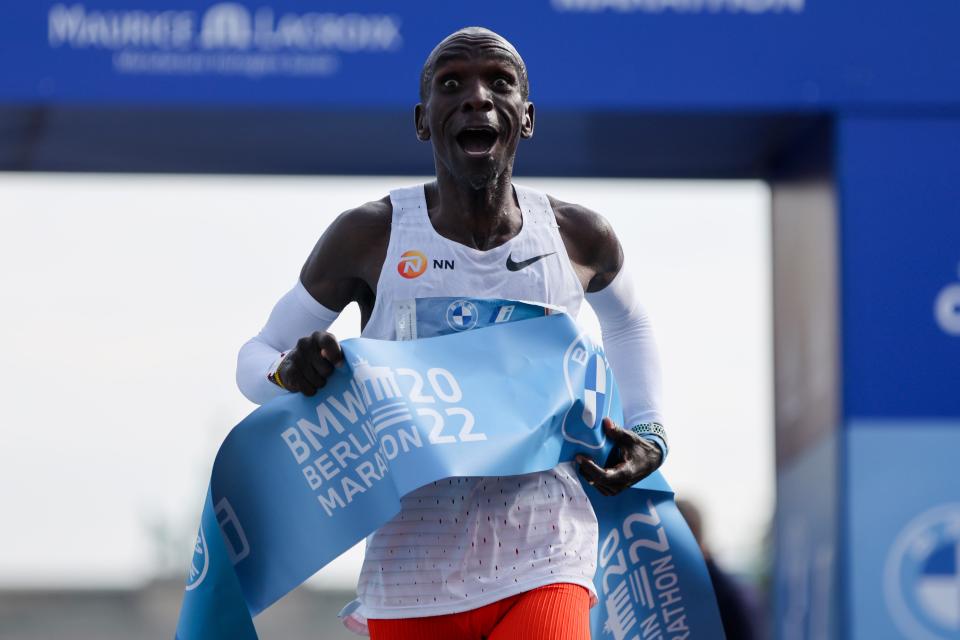 Kenya's Eliud Kipchoge crosses the line to win the Berlin Marathon in Berlin, Germany. Olympic champion Eliud Kipchoge has bettered his own world record in the Berlin Marathon on September 25, 2022.