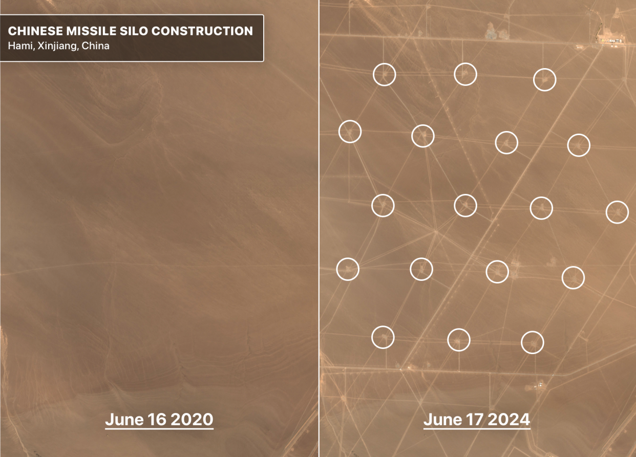 <span class="copyright">Federation of American Scientists (site identification - fas.org/publication/a-closer-look-at-chinas-missile-silo-construction) and the European Union (Copernicus Sentinel data 2020 and 2024, processed with EO Browser). Coordinates: 42.299, 92.578.</span>