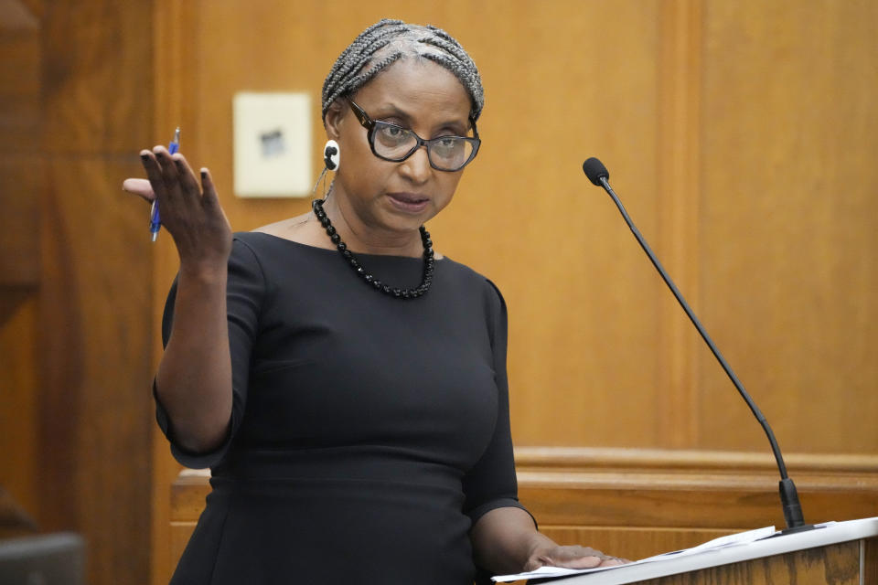 Lisa Ross, attorney for Bul Mabil, brother of Dau Mabil, a 33-year-old Jackson, Miss., resident who went missing on March 25 and whose body was found in April floating in the Pearl River in Lawrence County, questions Karissa Bowley, unseen, wife of the deceased, during a hearing, on whether a judge should dissolve or modify his injunction preventing the release of Mabil's remains until an independent autopsy could be conducted, Tuesday, April 30, 2024, in Jackson, Miss. (AP Photo/Rogelio V. Solis)