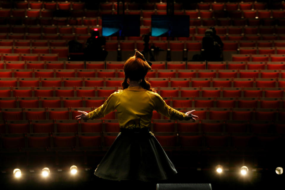 SYDNEY, AUSTRALIA - JUNE 13: Emma Watkins of The Wiggles performs on stage during a live-streaming event at the Sydney Opera House on June 13, 2020 in Sydney, Australia. The Sydney Opera House has launched a new digital initiative to allow audiences to watch performances at home while the Opera House remains closed due to COVID-19 restrictions. As part of the 'From Our House to Yours' program, the Sydney Opera House is recording performances on-site to broadcast to audiences at home around the world. The Sydney Opera House announced the cancellation of public performances on 17 March 2020 in response to the COVID-19 outbreak. (Photo by Lisa Maree Williams/Getty Images)