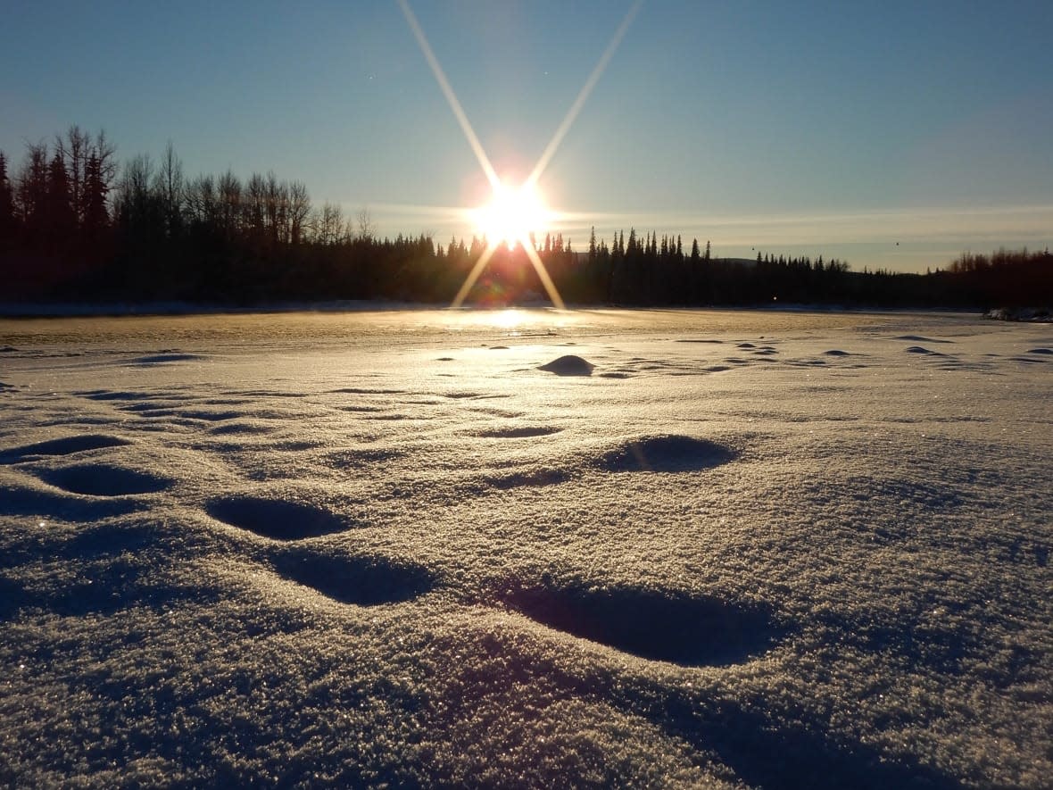 Winter scene near Dawson City, Yukon. Yukon government officials say seasonal and below seasonal temperatures are delaying the melting of the snow, which increases the chances of higher temperatures or widespread rain events that could cause rapid melting, and flooding. (Philippe Morin/CBC - image credit)