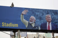 FILE- In this Feb. 19, 2020, file photo, a monkey sits on a hoarding showing India Prime Minister Narendra Modi and President Donald Trump welcoming Trump ahead of his visit to Ahmedabad, India. President Donald Trump is ready for a king's welcome as he head to India on Sunday for a jam packed two-day tour. The visit will feature a rally at one of the world's largest stadiums, a crowd of millions cheering him on and a lovefest with a like-minded leader during an election year. (AP Photo/Ajit Solanki, File)