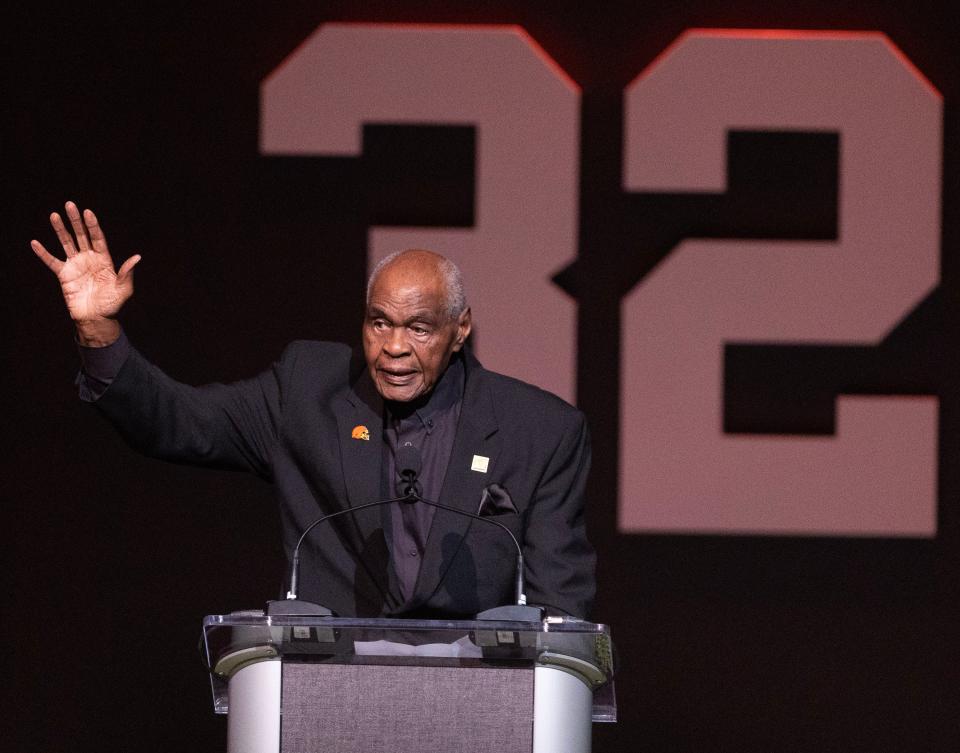 John Wooten, friend of Jim Brown and former Cleveland Browns player, speaks at a celebration of life for Jim Brown held Thursday at McKinley High School.