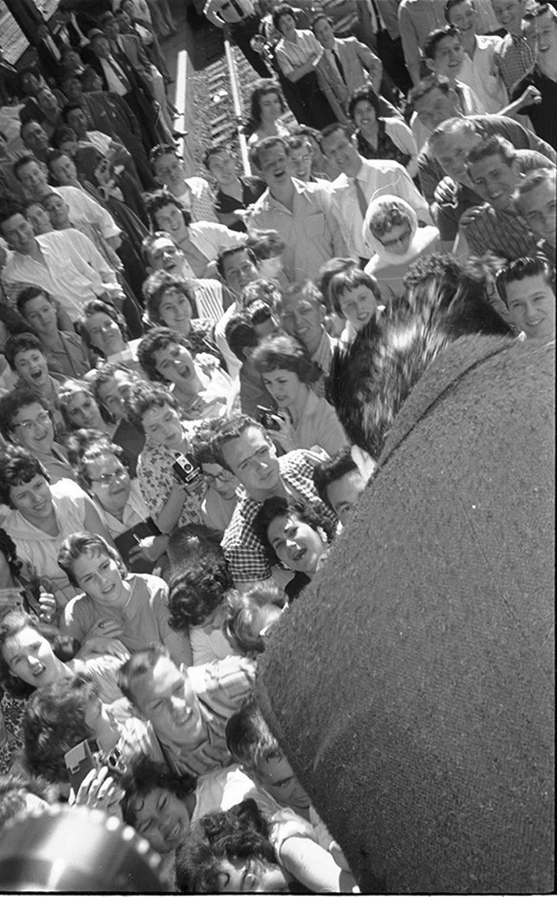 April 19, 1960: Elvis Presley greets fans at T&P station in Fort Worth en route to film “GI Blues” in Hollywood.