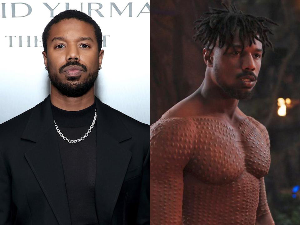 Michael B. Jordan at the David Yurman High Jewelry Event in Los Angeles, California, and as Killmonger in "Black Panther."