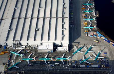 FILE PHOTO: An aerial photo shows Boeing 737 MAX airplanes parked on the tarmac at the Boeing Factory in Renton, Washington, U.S. March 21, 2019. REUTERS/Lindsey Wasson/File Photo