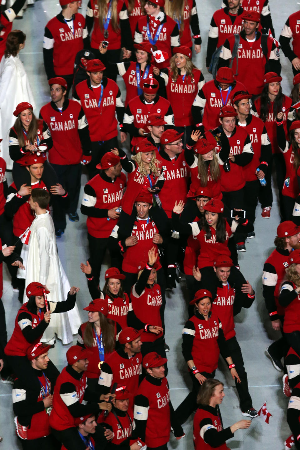 SOCHI, RUSSIA - FEBRUARY 23:  Team Canada enters the arena during the 2014 Sochi Winter Olympics Closing Ceremony at Fisht Olympic Stadium on February 23, 2014 in Sochi, Russia.  (Photo by Matthew Stockman/Getty Images)