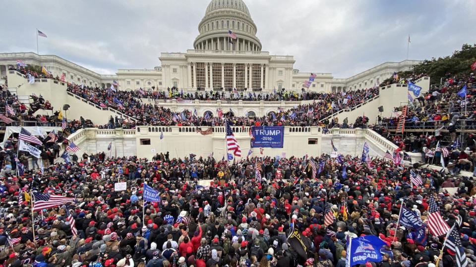 PHOTO: President Donald Trumps supporters gather outside the Capitol building in Washington D.C.,  Jan. 6, 2021. (Tayfun Coskun/Anadolu Agency via Getty Images, FILE)