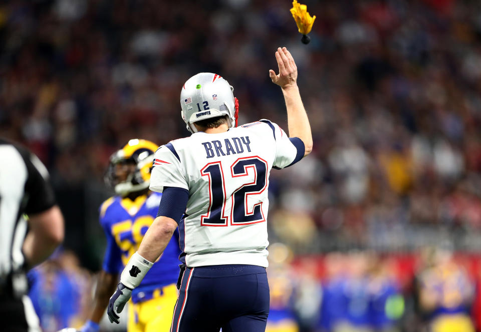 <p>Tom Brady #12 of the New England Patriots reacts in the first quarter against the Los Angeles Rams during Super Bowl LIII at Mercedes-Benz Stadium on February 03, 2019 in Atlanta, Georgia. (Photo by Maddie Meyer/Getty Images) </p>