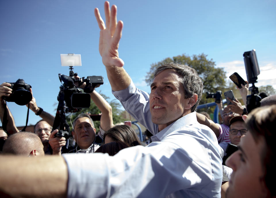 Beto O'Rourke, D-El Paso, greets supporters following a rally at the Pan American Neighborhood Park in Austin, Texas, on Sunday, Nov. 4, 2018. (Nick Wagner/Austin American-Statesman via AP)