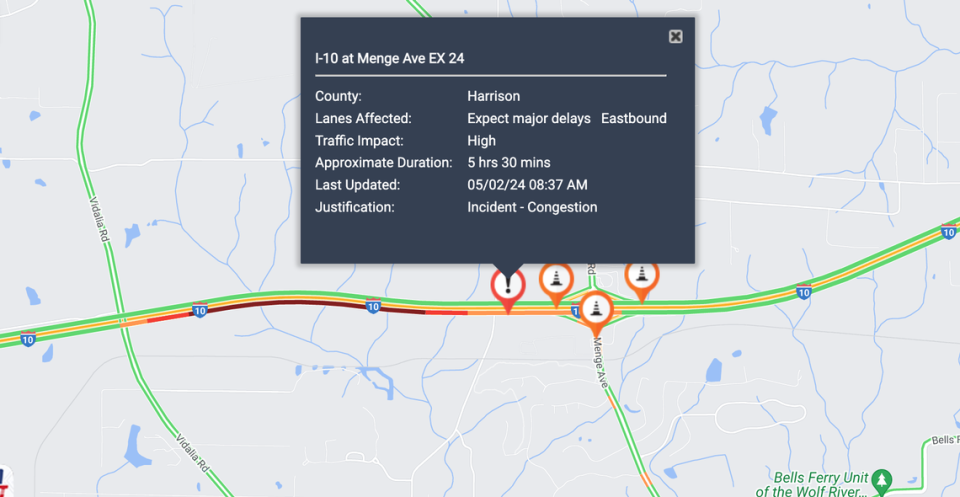 Traffic backed up on Thursday in the eastbound lanes of Interstate 10 in Harrison County while crews closed one lane to work on a new overhead bridge deck. Mississippi Department of Transportation
