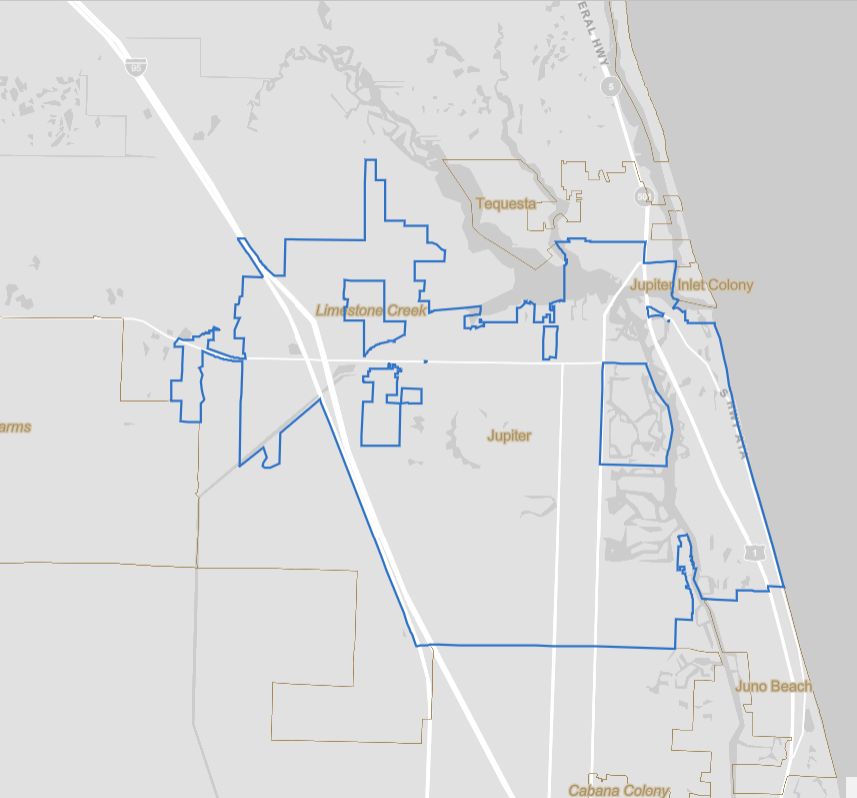 The city boundaries for Jupiter as seen here on a U.S. Census Bureau web page.