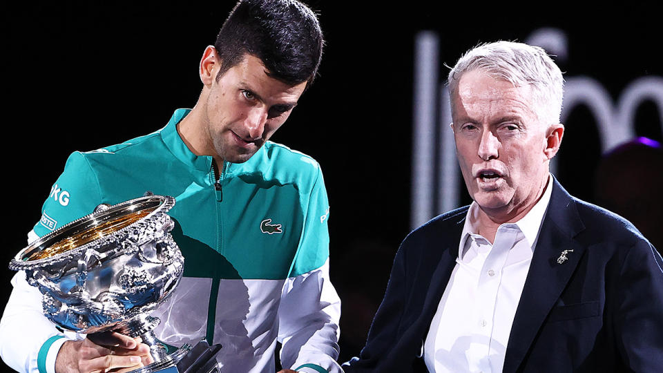 Novak Djokovic and Craig Tiley are pictured together after the 2021 Australian Open men's final.