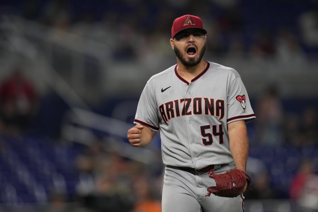 May 3, 2022; Miami, Florida, USA; Arizona Diamondbacks starting pitcher Humberto Castellanos (54) yells as he walks off the mound after the third out in the fourth inning of the game against the Miami Marlins at loanDepot park. Mandatory Credit: Jasen Vinlove-USA TODAY Sports