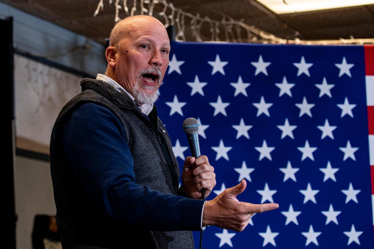 Rep. Chip Roy, R-Texas, speaks during a meet and greet event at VFW Post 788 in Cedar Rapids, Iowa on Tuesday, Dec. 19, 2023. Florida Gov. Ron DeSantis and Rep. Chip Roy, R-Texas, spoke to community members and held a question and answer session. (Nick Rohlman/The Gazette via AP)